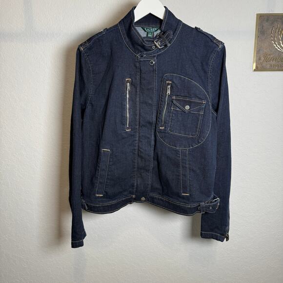 Lauren Ralph Lauren Denim Blue Jean Snap and Zip Motorcycle Jacket Size 16. NEW - Picture 3 of 10